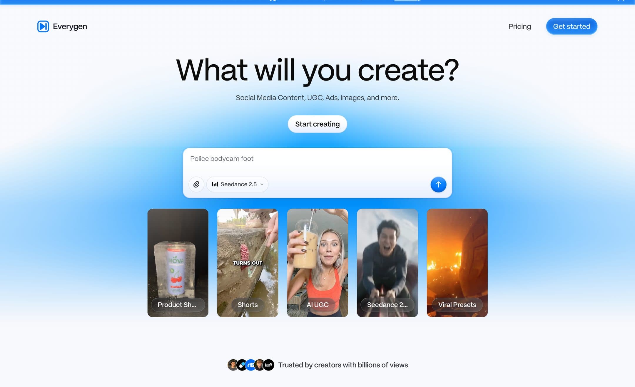 The Viewmax home page, now called Everygen: a soft blue glow behind the headline and a blue button with a lit top edge