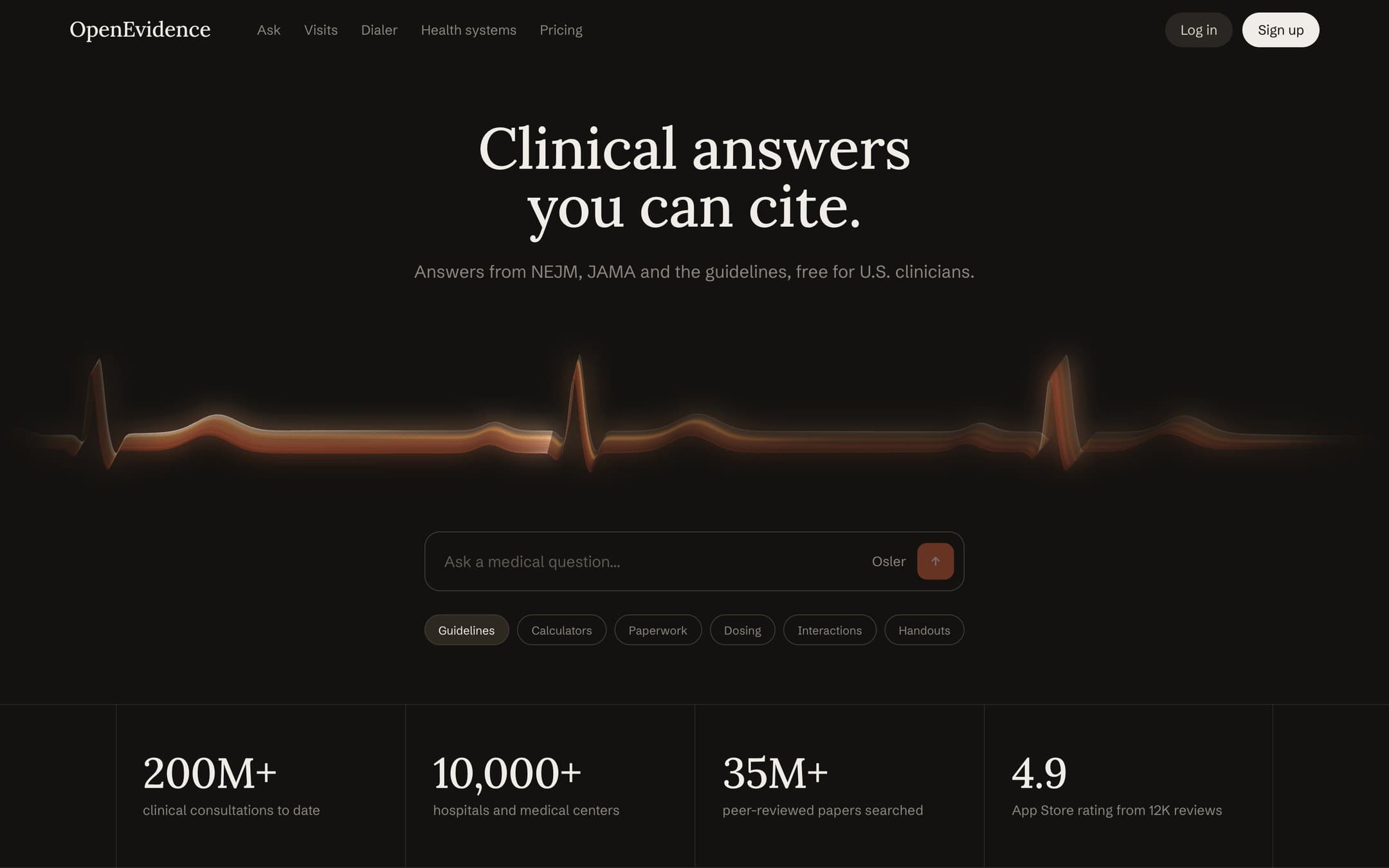 The OpenEvidence concept: a headline, a silk ECG ribbon, the ask box and the stats