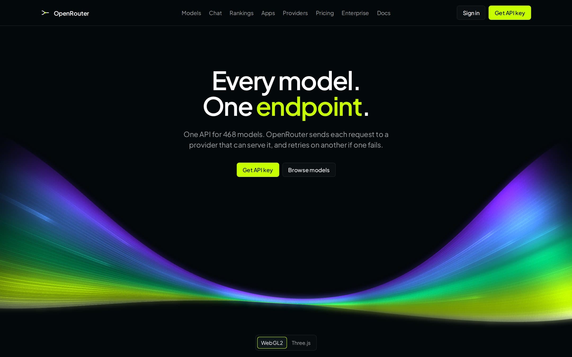 The OpenRouter concept: Every model. One endpoint., over a ribbon that merges into one line