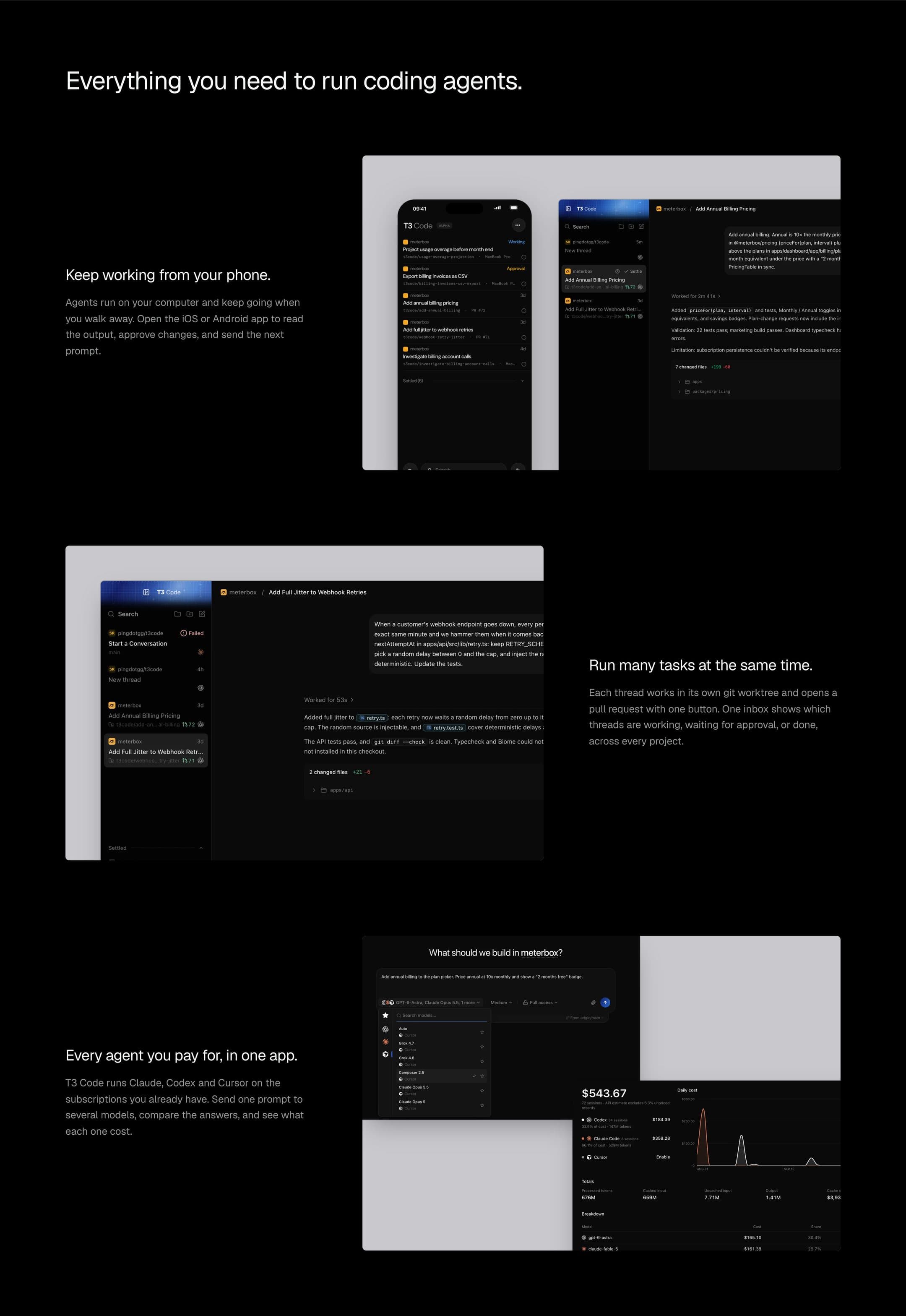 The three features, each beside a frame of the app