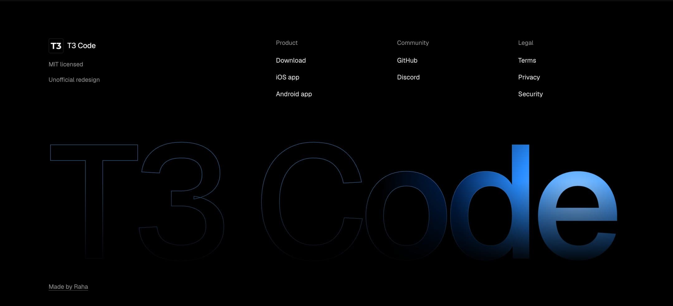 The footer, with T3 Code set large and fading from black into blue