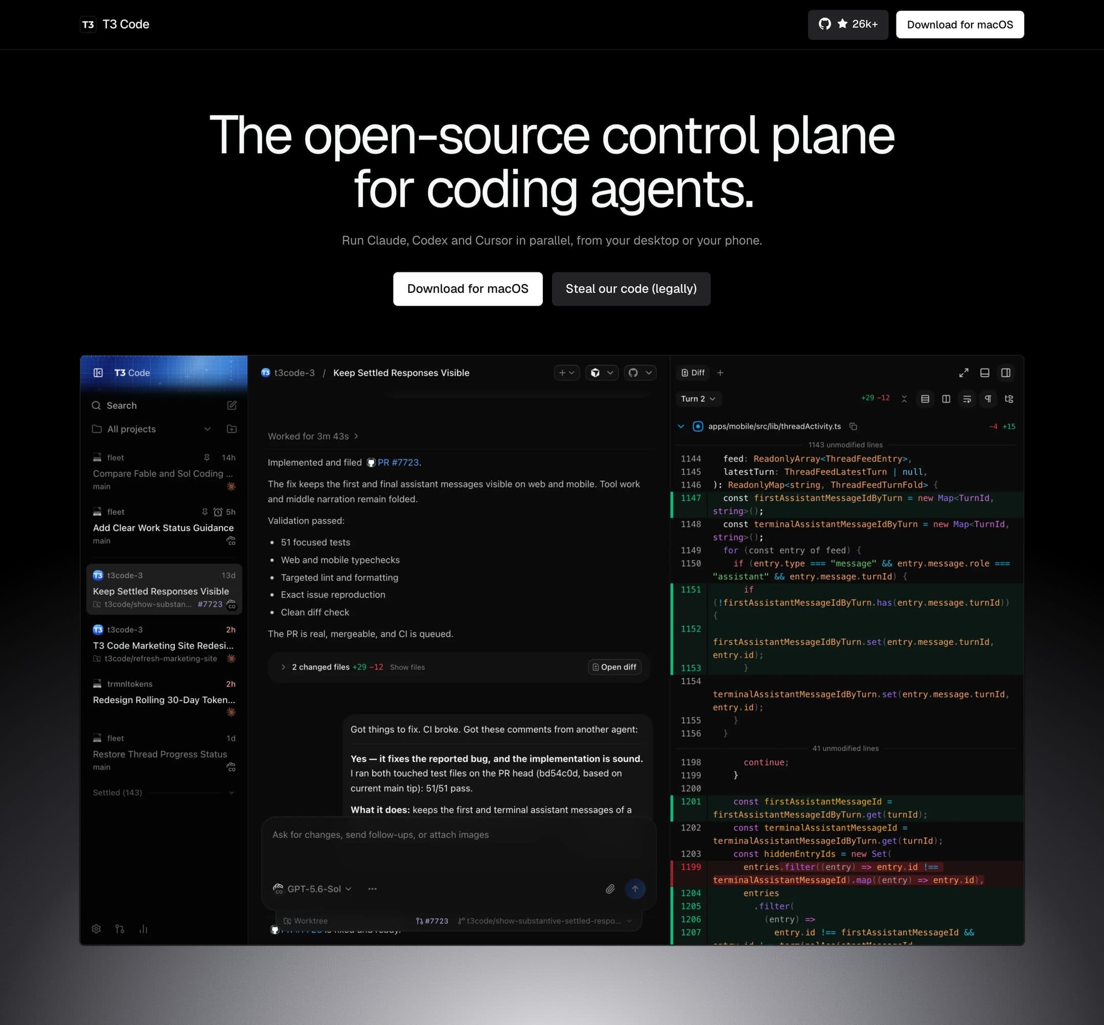 The redesigned T3 Code landing page