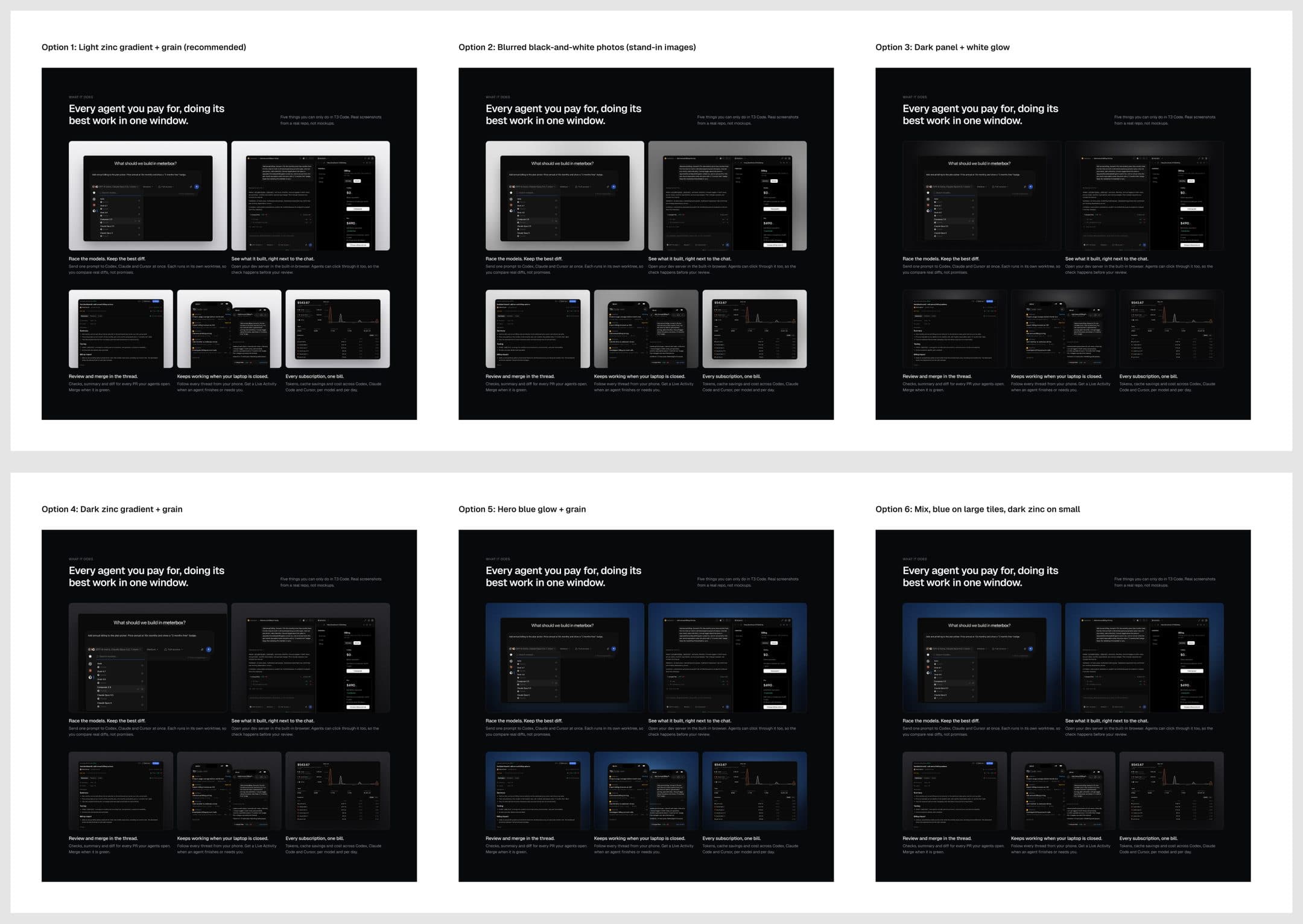 The features section six times, each with a different backdrop behind the frames: light, photo, glow, dark, blue, and a mix