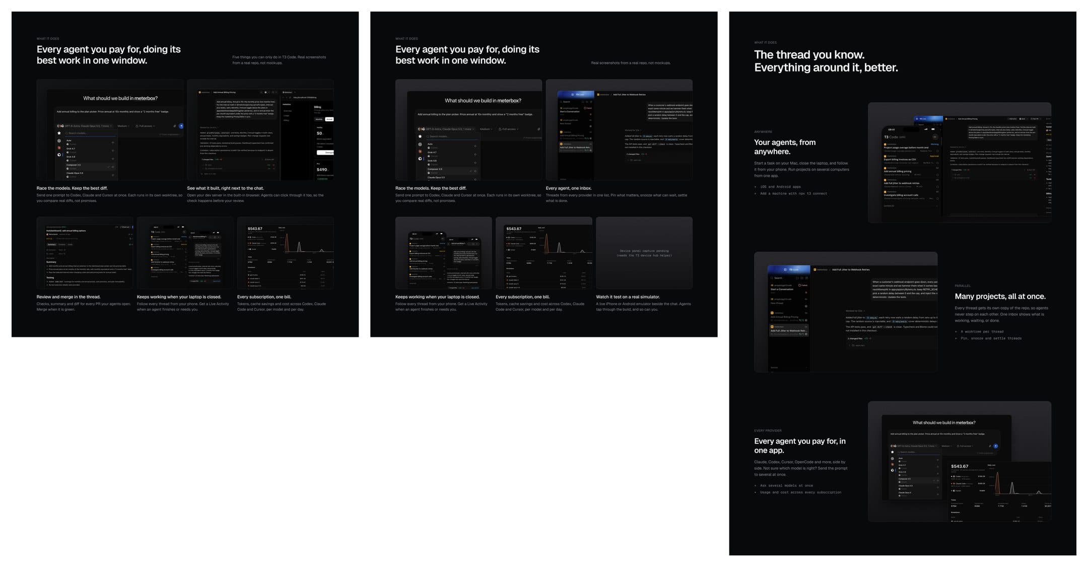 Three versions of the features section, from five tiles to three large blocks