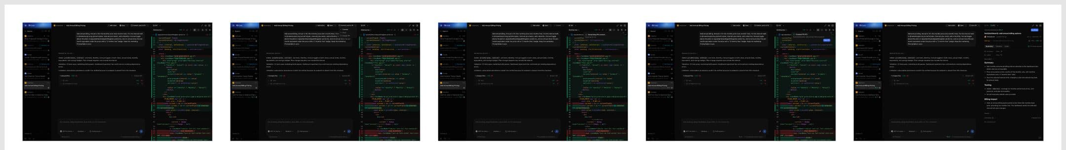Five captures of the T3 Code desktop app, laid out in Figma