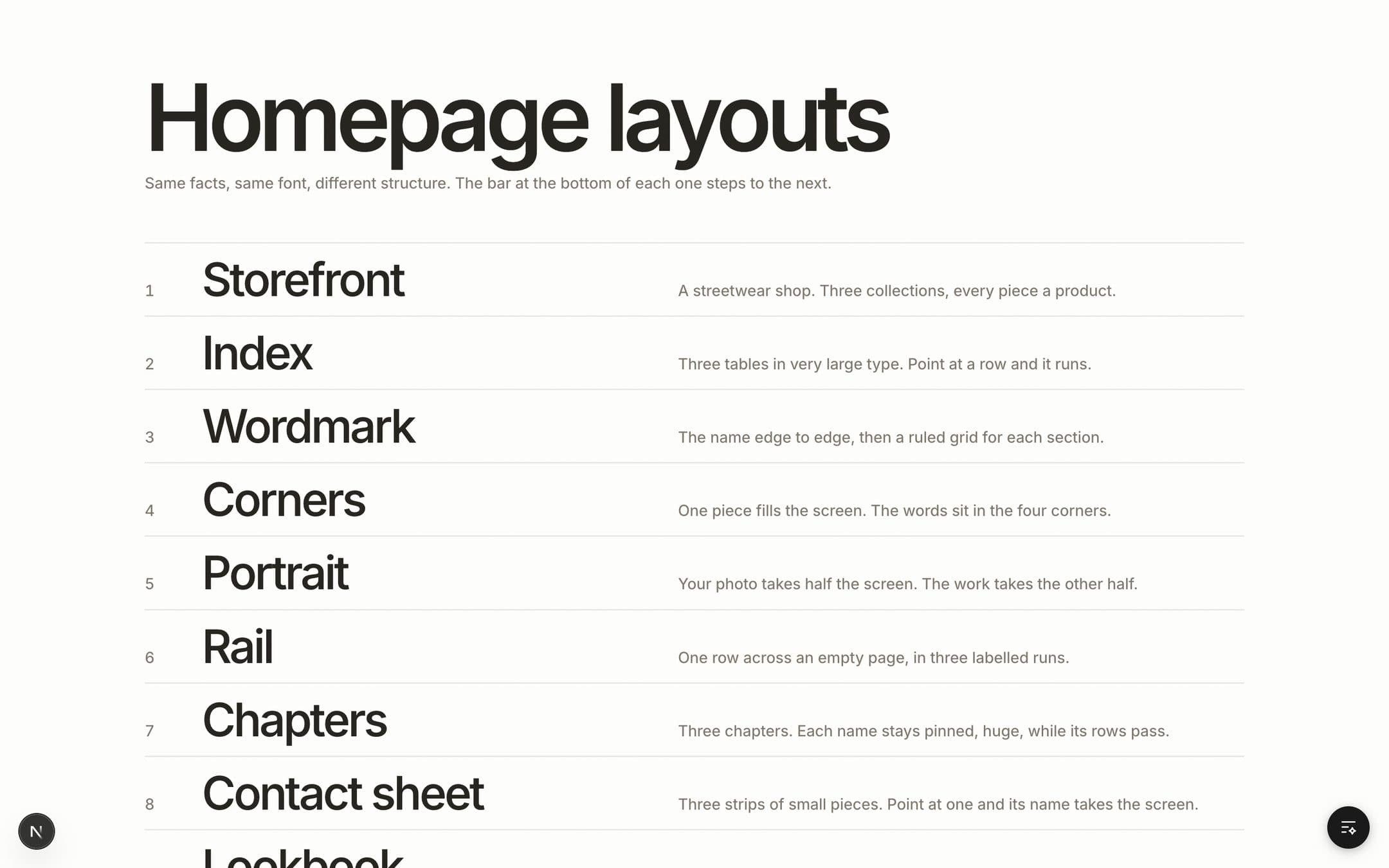 A list of twelve home page layouts, each with a one-line description