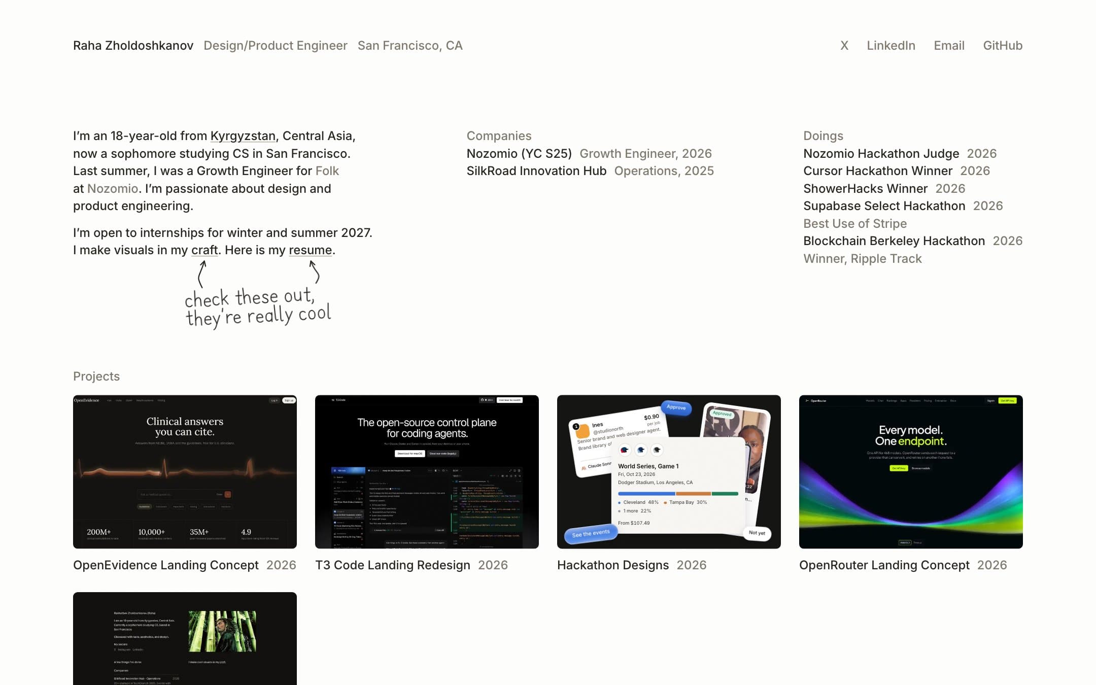 The home page today: the bio and two short lists in three columns, and five projects below
