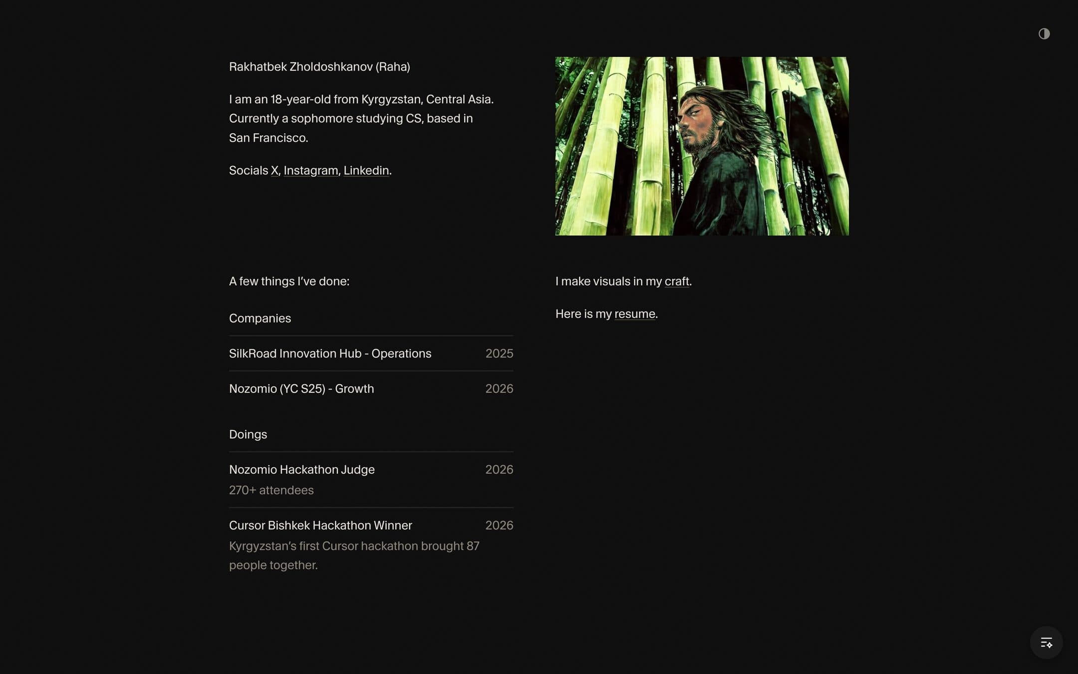 The home page on 19 September: still dark and two columns, with shorter rows and a resume link under the portrait