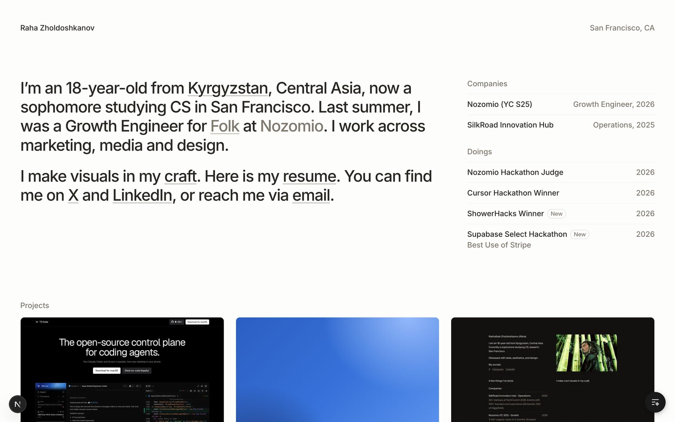 The home page on 7 October: a large bio on the left, the lists on the right, and three projects below
