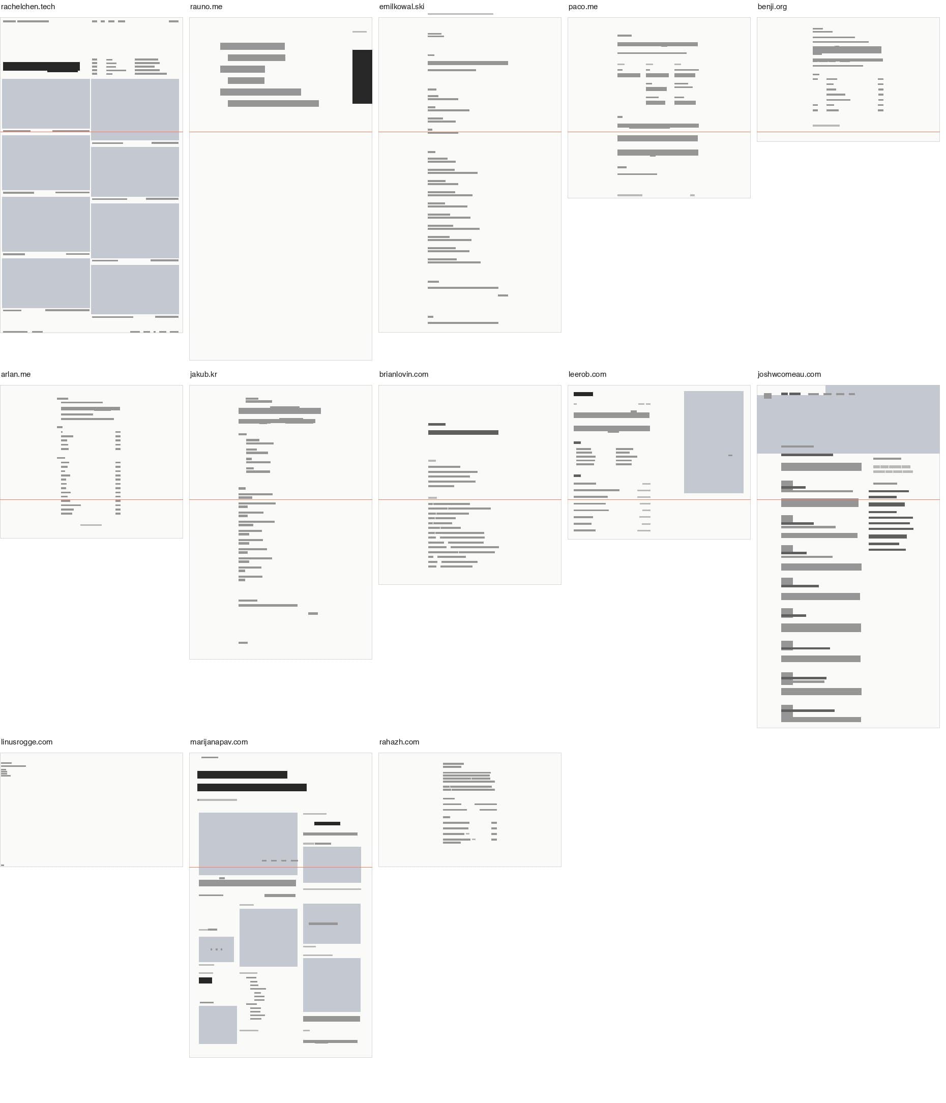 Thirteen personal websites drawn as grey bars and boxes, with no words or pictures