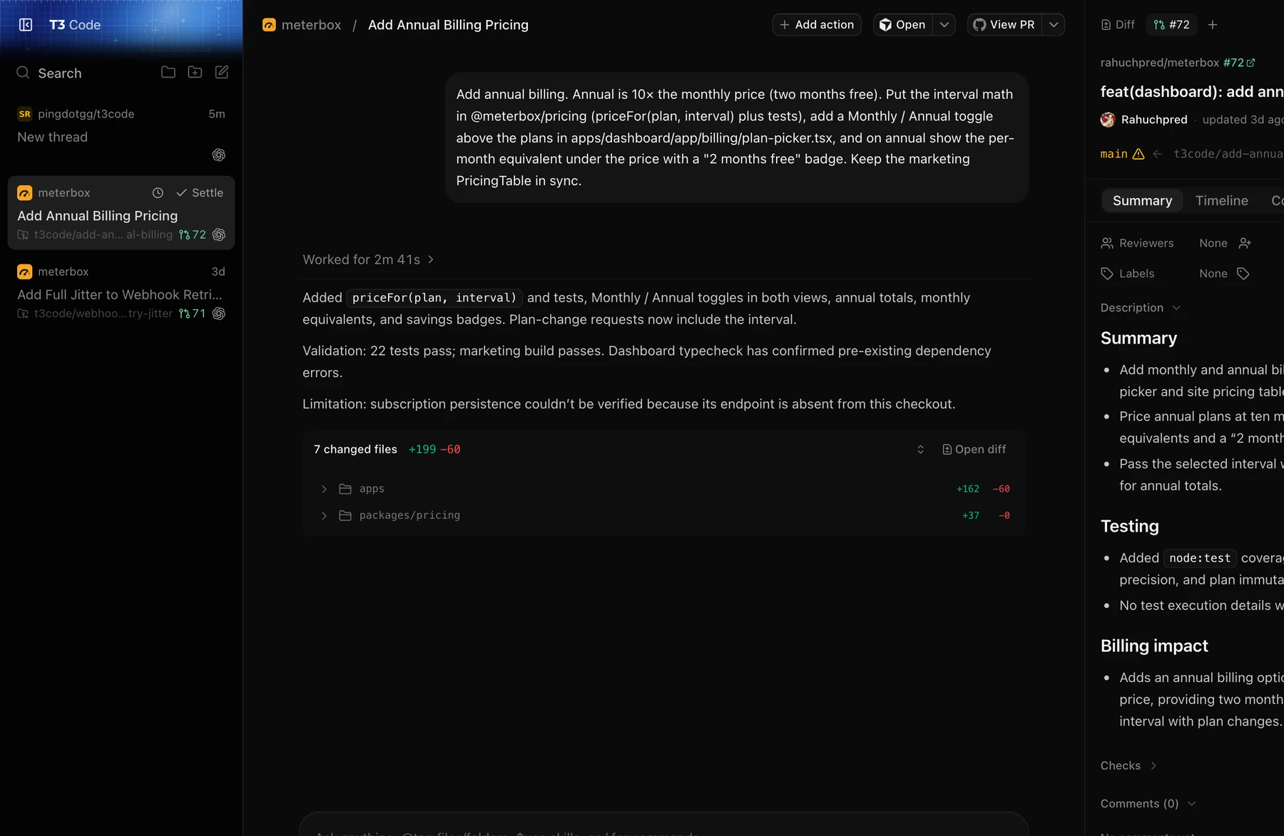 T3 Code desktop with a finished agent thread and its pull request
