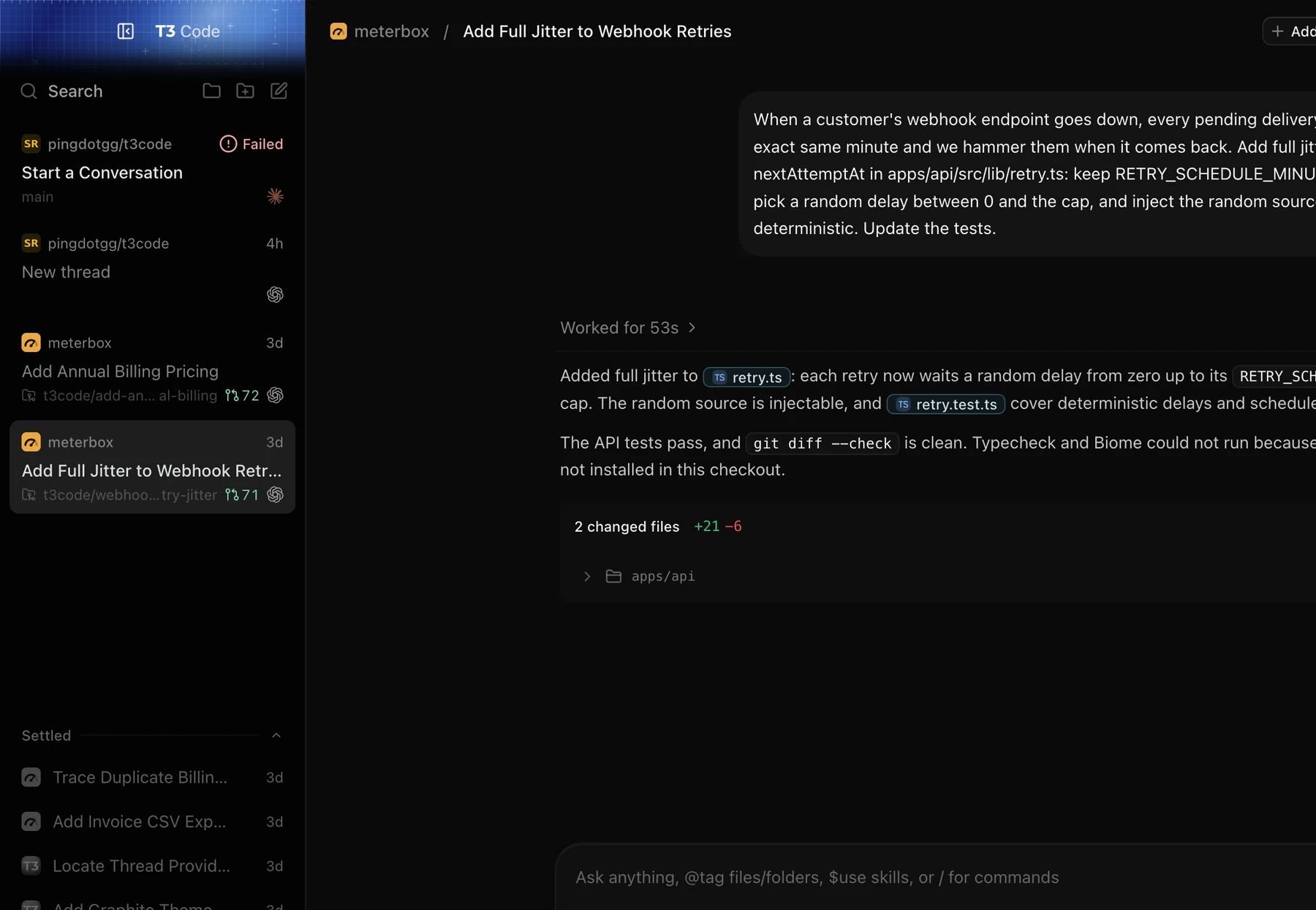 T3 Code thread inbox beside an open agent thread