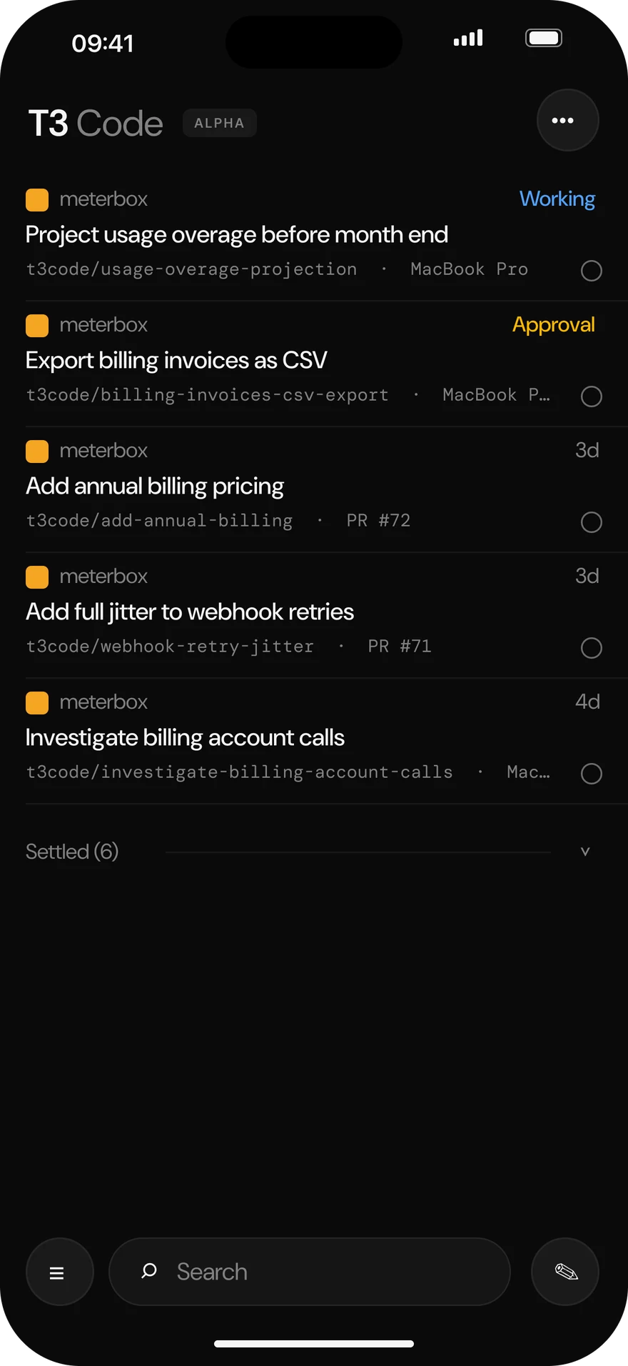 T3 Code iOS thread list with working and approval states
